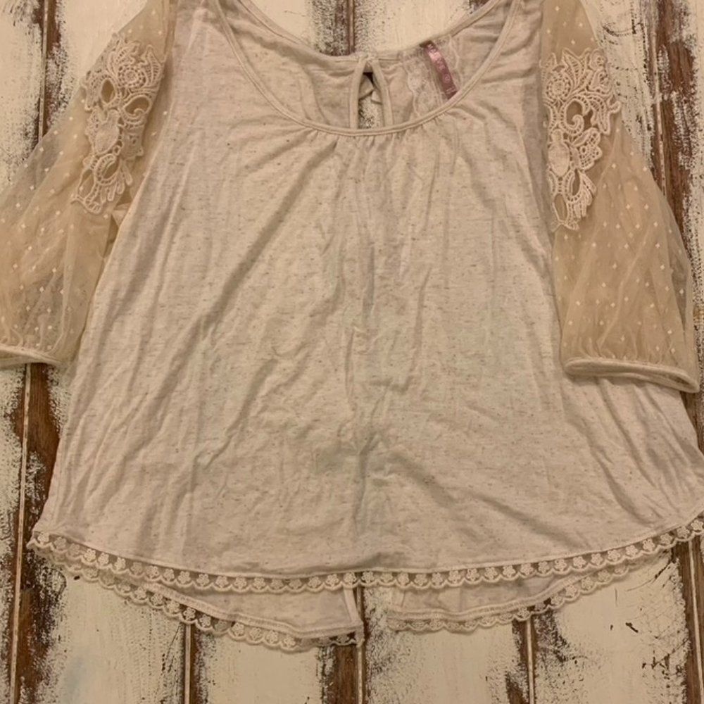 Mauve Sheer Lace and Knit Accent T Shirt